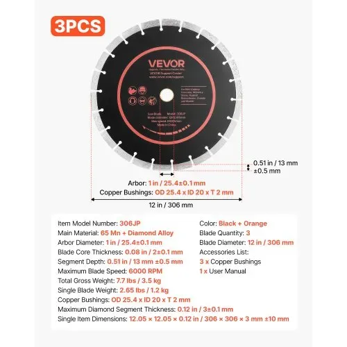 VEVOR 3 Stk. Diamanttrennscheiben 306mm, Diamant-Sägeblätter mit 25,4mm Bohrung & 13mm Segmenthöhe, Max. 6000 U/min Diamantscheiben für Trocken/Nass Schneiden, Trennscheibe für Beton Mauerwerk Stein – Bild 6