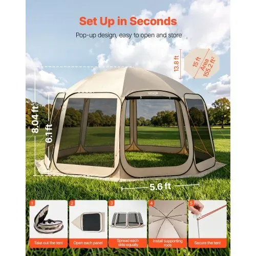 VEVOR Campingzelt, 457,2×420,6×245 cm, Partyzelt für 12–15 Personen, Pop Up Zelt, inkl. Tragetasche, Netz-Seitenwände und Heringen, für Garten, Terrasse und Outdoor-Aktivitäten, Beige VEVOR Campingzelt, 457,2×420,6×245 cm, Partyzelt für 12–15 Personen, Pop Up Zelt, inkl. Tragetasche, Netz-Seitenwände und Heringen, für Garten, Terrasse und Outdoor-Aktivitäten, Beige