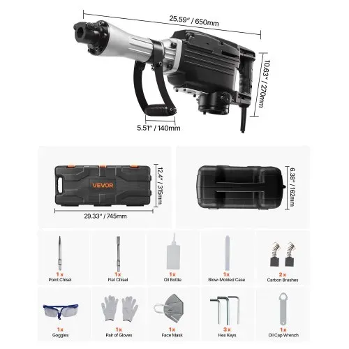 VEVOR Abbruchhammer elektrischer Betonhammer 2800 W, 1200 BPM Presslufthammer mit Spitzmeißel & Flachmeißel & Tragekoffer & Handschuhe & Schutzbrille, für Beton Wände Ziegel Fliesen Fundamente – Bild 6