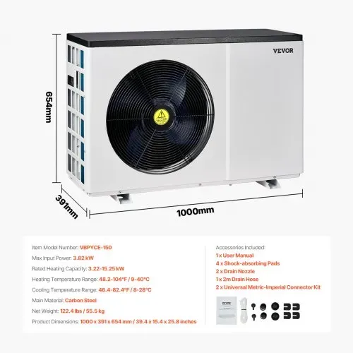 VEVOR Elektrische Pool-Wärmepumpe, 3,22–15,25kW Heizleistung, energiesparende Poolheizungen mit variabler Frequenz für 30–60m³ Aufstellpools, Heiz- und Kühlpool-Warmwasserbereiter AC 220–240V, 50Hz – Bild 6