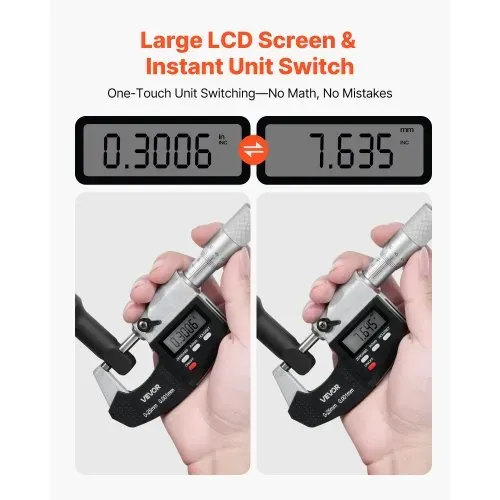VEVOR Mikrometer, Digitale Bügelmessschraube, Messbereich 0–25,4 mm, Auflösung 0,001 mm, Höchste Präzision 0,003 mm Genauigkeit, LCD-Display, Zoll/mm-Umschaltung, Hartmetallspitze, mit Koffer – Bild 2