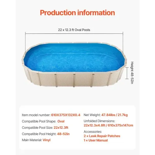 VEVOR Ovale Poolfolie, 610x375x147 cm, Innenfolie Ersatzfolie Innenhülle Schwimmbadfolie Überlappungsfolie aus Vinyl in Standardstärke, für oberirdische Pools mit 132 cm hohen Wänden, einfarbig – Bild 6
