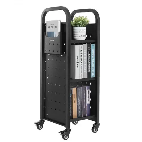 VEVOR Bücherwagen, 100 kg Tragkraft, Bibliothekswagen, 32 x 35 x 93,5 cm, einseitiges L-förmiges Bücherregal mit Doppelbremsrollen, Bücherregalwagen für Wohnzimmer, Büro, Schule, Schwarz – Bild 9