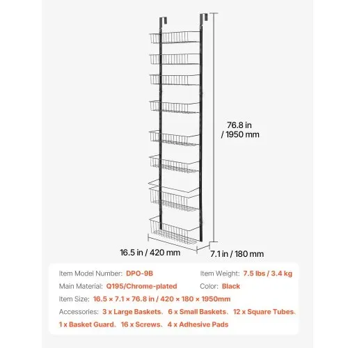 VEVOR Vorratsschrank Speisekammer-Organizer Aufbewahrung über der Tür, 9-stufige Gewürzregale zum Aufhängen aus Stahl, verstellbare Lagerregale für die Wand, für Zuhause Küche Badezimmer, schwarz – Bild 6