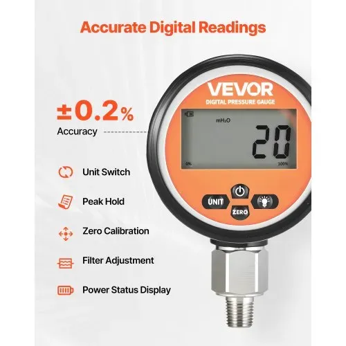VEVOR digitales Hydraulikdruckmessgerät, 0–700 Bar Hydraulikdrucksensor, Manometertester mit 1/4 Zoll NPT-Basiseingang für Baggerbaumaschinen, Hydraulikprüfmanometer Edelstahlgehäuse – Bild 2