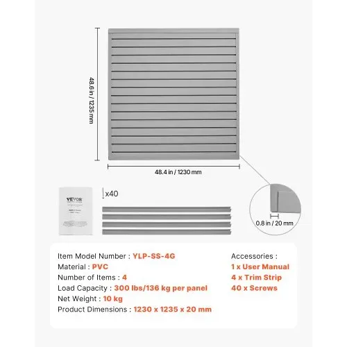 VEVOR Werkzeugwand 1230x1235x20mm, PVC-Garagen-Lamellenwand, grauer Wand-Organizer 136 kg pro Platte, Lamellenwandpaneel mit Kupplungsstruktur & DIY-Zuschnitt, geeignet für Lagerung & Präsentation – Bild 6