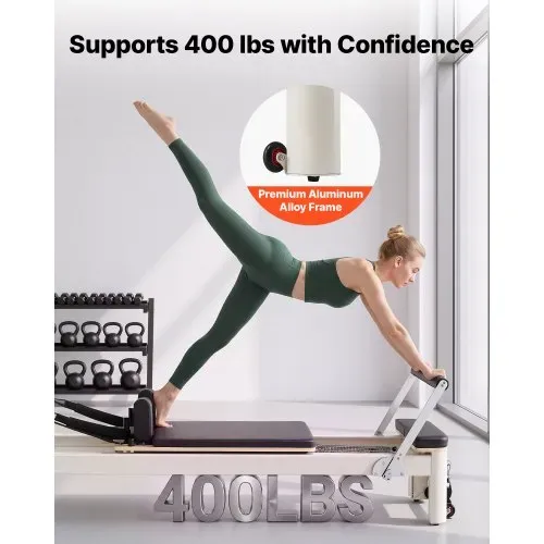 VEVOR Pilates Reformer Gerät mit Aluminiumrahmen 181 kg 2350 x 690 x 945 mm Ideal für Home-Gyms und Studios, mit Leisem Schlittenlauf, Verstellbarer Kopfstütze, Pilates-Box, Jumpboard und Fußschlaufen – Bild 4