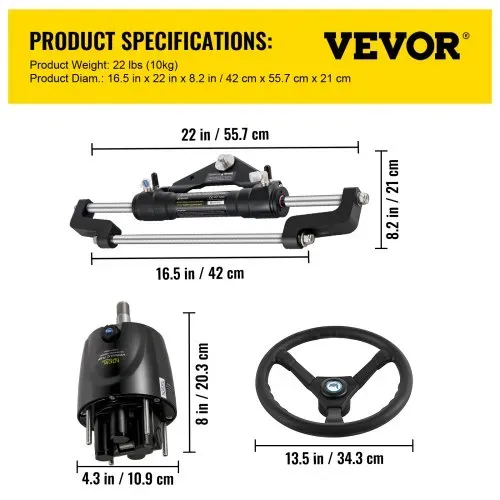 VEVOR Hydraulisches Bootslenkungsset, hydraulische 300-PS-Lenkpumpe, Lenkzylinder aus Aluminiumlegierung, 13,5-Zoll-Lenkrad mit 10-Zoll-Hydraulik-Lenkschlauch für Bootslenksystem – Bild 6