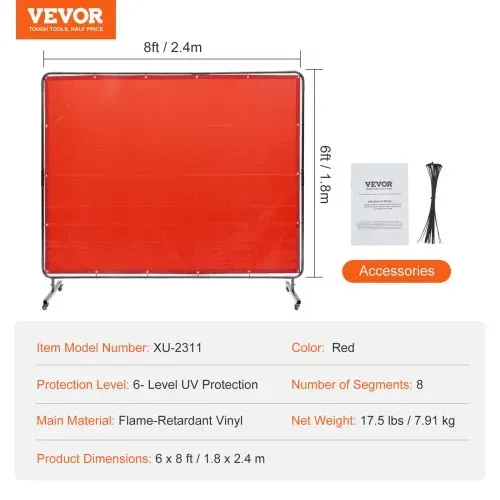VEVOR Schweißvorhang 1,8 x 2,4 m Schweißschutzvorhang aus Flammhemmendem Vinyl Schweißschutzwand mit 4 Schwenkrädern und einem 6-stufigen UV-Schutz Schweißerdecke Schweißschutz Rot – Bild 6