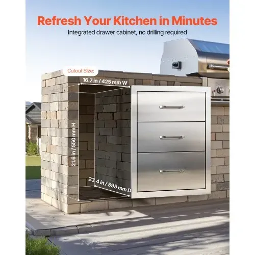 VEVOR Outdoor Küchenschubladen 46x59x59 cm (BxTxH), Dreifach-Grillschubladen aus Edelstahl mit Griffen, Grillschubladen für Außenküche oder Grillinsel-Terrassengrillstation Schubladenschrank – Bild 4
