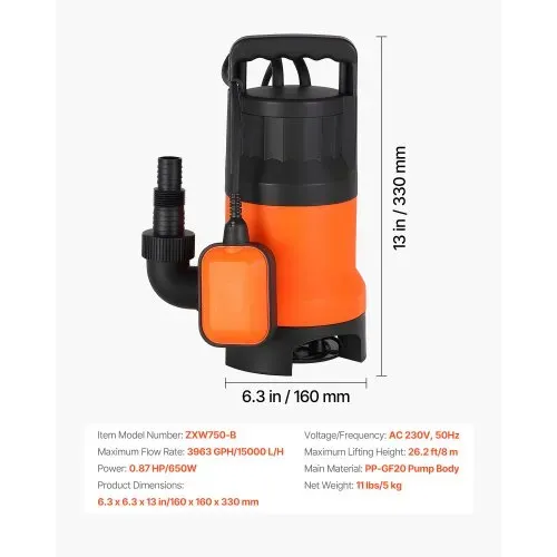 VEVOR 650W Tauchpumpe, 15000L/h, PP-GF20 Schmutzwasserpumpe für Abwasser, Schmutzwasser & sauberes Wasser mit automatischem Schwimmerschalter, 8m Förderhöhe, für Pools Teiche überflutete Bereiche – Bild 6