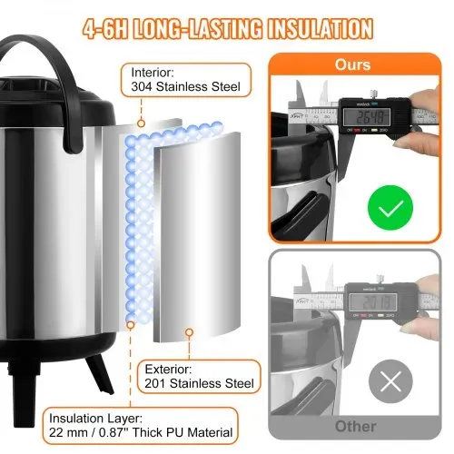 VEVOR Heiß- und Kaltgetränkespender Getränkespender 6 L, Edelstahl Heiß- und Kaltwasserbrunnen Großer Getränkespender mit Zapfen für Kaffee, Kalte Milch, Wasser, Saft usw. Isolierkanne 1-2 Personen – Bild 2