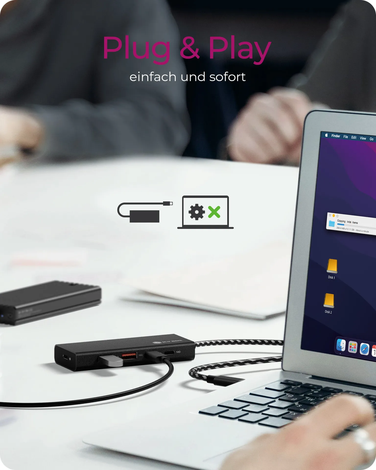 ICY BOX IB-HUB1436-CPD, USB 3.2 Gen 2 Hub, 1x Type-C® zu 2x Type-C® und 2x Type-A USB Anschlüssen 10 Gbit/S und Power Delivery bis zu 100 W, schwarz – Bild 4