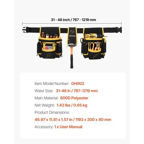 VEVOR Werkzeuggürtel, magnetischer Handwerkergürtel mit 28 Taschen, Werkzeuggürteltasche, Werkzeughalter für Elektriker, Schreiner & Bauarbeiter, Schürzenorganizer, verstellbar von 787-1219 mm – Bild 6