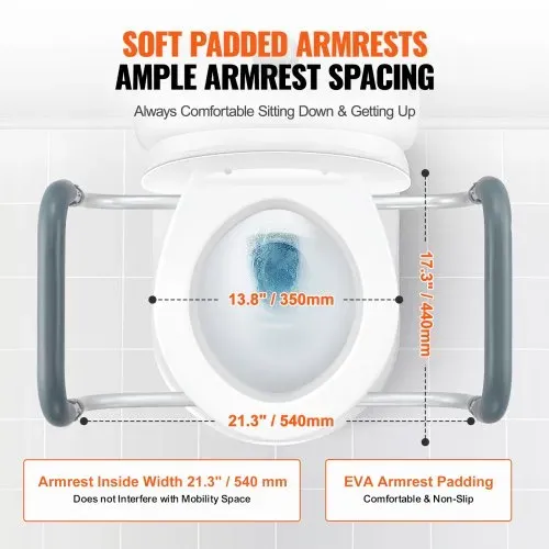 VEVOR Toilettensitzerhöhung, 88,9 mm Hoch, Tragkraft 136 kg, für Runde Standardtoiletten, Aluminium-Handlauf, mit EVA-Armlehnenpolster, für Senioren, Behinderte, Patienten, Schwangere, Mediziner – Bild 3