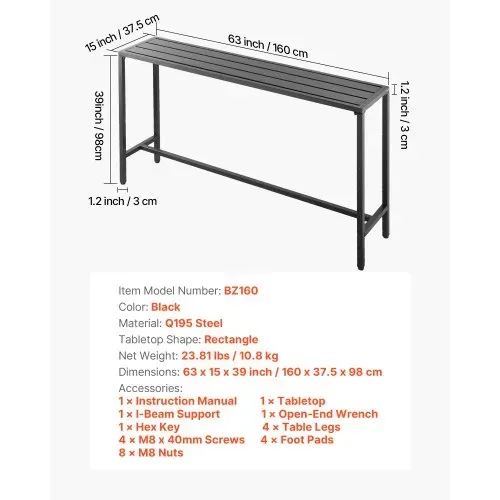 VEVOR Bartisch, 1600 x 375 x 980 mm, Bistrotisch, Stehtisch mit Metallgestell, rechteckige Esstische, Küchentisch, Tresentisch, Partytisch, Gartenmöbel für Balkon, Garten, Poolrand – Bild 6