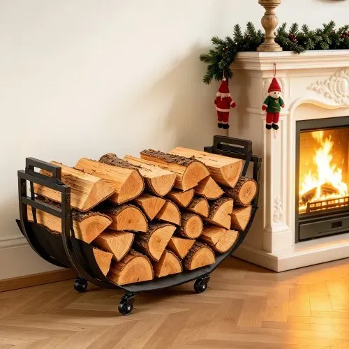 VEVOR Kaminholzregal Brennholzregal Feuerholzregal Kaminholzständer 805 mm, für Kamin & Ofen im Wohnzimmer Terrasse & Balkon, Stahlkonstruktion, Tragfähigkeit 80 kg, 4 Feststellbare Lenkrollen, Schwarz – Bild 7