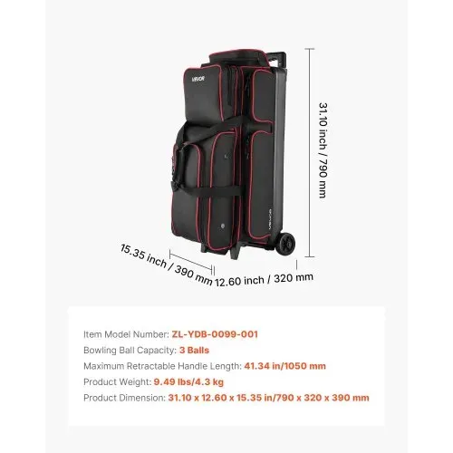 VEVOR Bowlingballtasche für 3 Bälle mit Doppelrollen & separatem Fach für Schuhe (bis US-Größe 16) & übergroßer Zubehörtasche, einziehbarer Griff lässt sich auf 105 cm ausziehen Schwarz + Rot – Bild 6