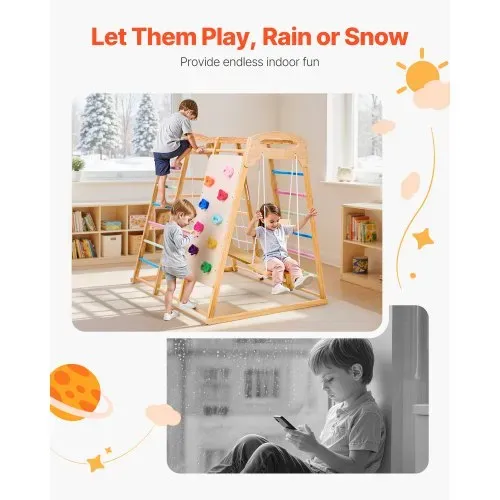 VEVOR Indoor Spielplatz Klettergerüst (9 in 1) aus Holz, 113 kg belastbares Montessori-Kletterspielzeug-Set mit Schaukeln/Klettergerüst/Rutsche/Holzleiter/Strickleiter/Kletternetz/Fels/Stange/Seil – Bild 5