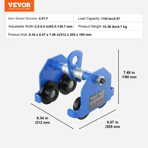VEVOR Laufkatze 0,5 T Tragkraft Rollfahrwerk mit Doppelrädern, einstellbar für I-Trägerflanschbreite 63,5 bis 139,7 mm Hochleistungs-Garagenhebezeug aus legiertem Stahl für gerade gebogene I-Träger – Bild 6