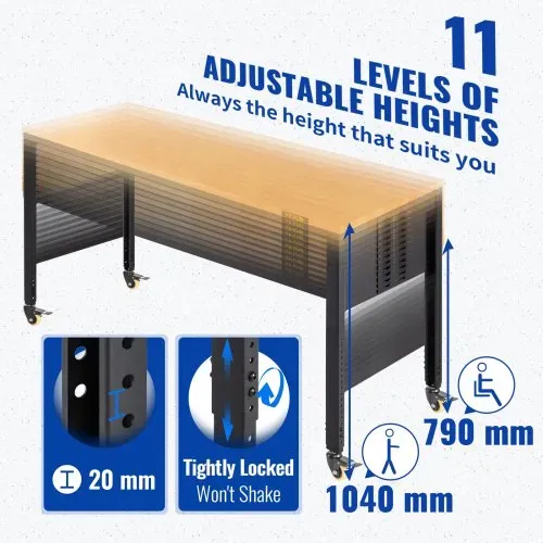 VEVOR Werkbank, höhenverstellbar, 122 cm L x 61 cm B x 104 cm H, Garagentisch mit 79 cm – 104 cm Höhe, 725,7 kg Kapazität, mit Steckdosen und Hartholzplatte und Metallrahmen & Drehgelenk Rolle – Bild 2