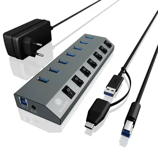 ICY BOX IB-HUB1701-C3, 7 Port USB 3.2 Gen 1 Type-A Hub, Aluminium Gehäuse, mit 7x USB Type-A, Type-A + Type-C Host, An-/Ausschalter für jeden Port ICY BOX IB-HUB1701-C3, 7 Port USB 3.2 Gen 1 Type-A Hub, Aluminium Gehäuse, mit 7x USB Type-A, Type-A + Type-C Host, An-/Ausschalter für jeden Port
