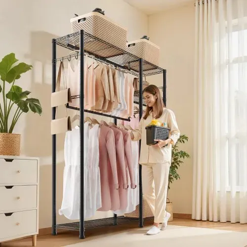 VEVOR Kleiderständer Garderobenständer (verstellbar) mit 3 Kleiderstangen & 363 kg Tragkraft & 6 Regalen & 8 Haken, offener Kleiderschrank für Schlafzimmer Bekleidungsgeschäft Garderobe Flur – Bild 7