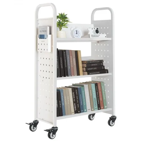 VEVOR Bücherwagen, 150 kg Tragkraft, Bibliothekswagen, 77 x 38 x 122 cm, einseitiges V-förmiges Bücherregal mit Doppelbremsrollen, für Wohnzimmer, Büro, Schule, Weiß VEVOR Bücherwagen, 150 kg Tragkraft, Bibliothekswagen, 77 x 38 x 122 cm, einseitiges V-förmiges Bücherregal mit Doppelbremsrollen, für Wohnzimmer, Büro, Schule, Weiß