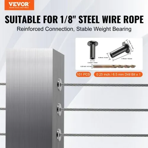 VEVOR 101 Stück T316-Edelstahl-Schutzhüllen für 1/8 Zoll Drahtseil-Kabelgeländer, DIY-Balustrade T316 in Marinequalität, mit einem kostenlosen Bohrer, schwarz VEVOR 101 Stück T316-Edelstahl-Schutzhüllen für 1/8 Zoll Drahtseil-Kabelgeländer, DIY-Balustrade T316 in Marinequalität, mit einem kostenlosen Bohrer, schwarz