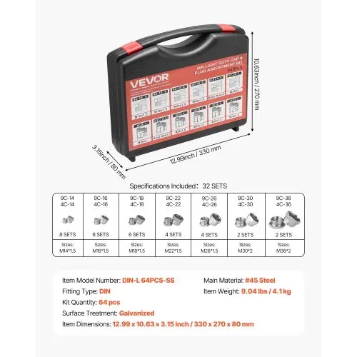 VEVOR 64-teiliges DIN-Hydraulikfittings, Industriehydraulikkappe & -stopfen, Schlauch- & Rohrfitting-Set, Kappen- & Stopfen-Set mit Präzisionsgewinde, Armaturenbrettgrößen 14/16/18/22/26/30/36 – Bild 6
