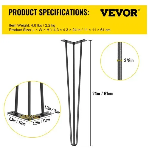 VEVOR Tischbeine Metall Tischfüße verstellbar 61 cm austauschbare Diy Tischbeine Metall Schwarz 4 Stück mit 4 Gummibodenfüße Haarnadel – Bild 6