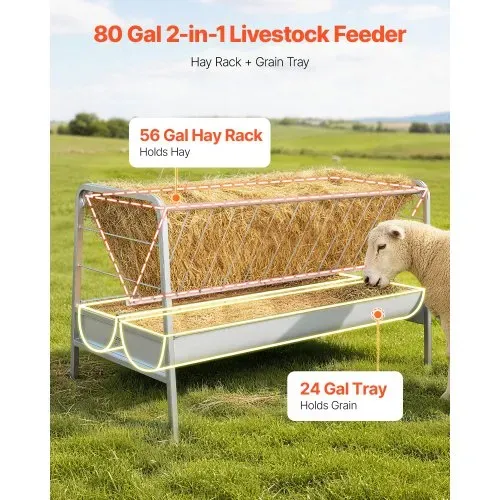 VEVOR Heuraufe, 2-in-1-Getreide- & Heufuttertrog, 352 L Fassungsvermögen, 147 cm Weidefütterung für Ziegen mit Futtertrog, Heufutterautomat aus Stahl für Schafställe, Bauernhöfe & Pferdeboxen VEVOR Heuraufe, 2-in-1-Getreide- & Heufuttertrog, 352 L Fassungsvermögen, 147 cm Weidefütterung für Ziegen mit Futtertrog, Heufutterautomat aus Stahl für Schafställe, Bauernhöfe & Pferdeboxen