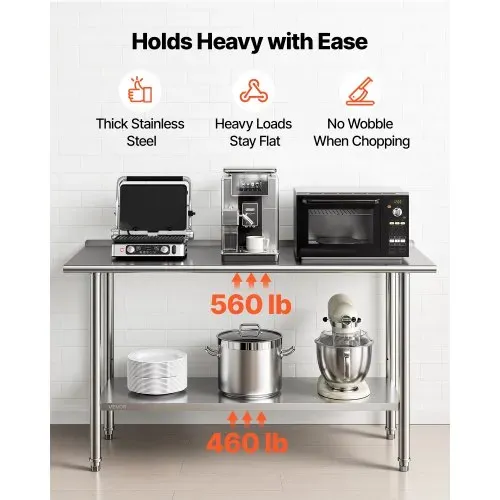 VEVOR Gasto Arbeitstisch 1524 x 610 x 894 mm, Edelstahltisch mit 2 Ebenen & Aufkantung & Höhenverstellbaren Ablagen Obere Ablage (254 kg) Untere Ablage (209 kg) Vorbereitungstisch für Restaurant – Bild 3