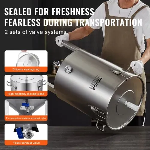 VEVOR Bierbrauanlage Bierbraugerät Kessel aus Edelstahl 60 L Bierfermenter, Braueimer-Fermenter zum Brauen, Heimbrauzubehör mit Sockel, Kessel-Suppentopf inkl. Deckel, Griff, Ventil, Zapfhahn – Bild 2