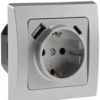 DELPHI Schutzkontakt-Steckdose, silber 230V~/ 16A, Unterputz, USB-C / PD DELPHI Schutzkontakt-Steckdose, silber 230V~/ 16A, Unterputz, USB-C / PD