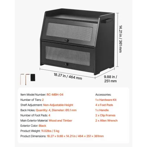VEVOR Brotkasten mit 2 Acrylfenstern 464 x 251 x 361 mm Bambusholz Schwarz für Bagels, Muffins & Selbstgebackenes Brot, Brotbox mit Magnetverschluss, Seitenhaken & Belüftungslöchern, Brotkiste Küche – Bild 6