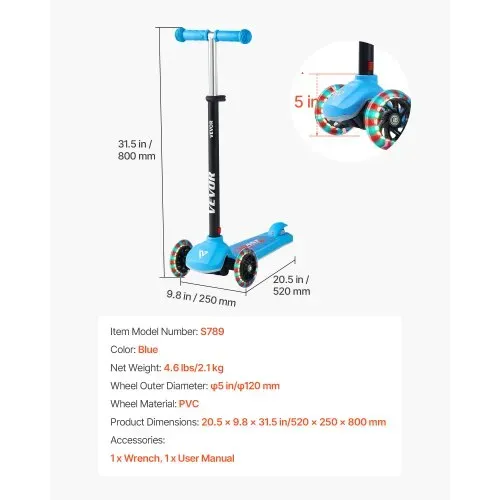 VEVOR Scooter (3 Räder) ab 3 Jahren, Cityroller Kinderroller mit leuchtenden Rädern & höhenverstellbarem Lenker & rutschfestem Deck & leichtem Aluminiumrahmen, Tretroller bis zu 75 kg, Blau – Bild 6