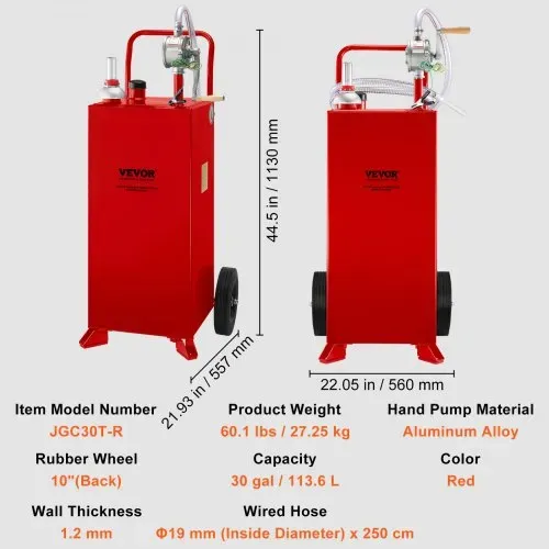 VEVOR 30 Gallonen Kraftstofftrolley, Kraftstoffspeicher mit 2 Rädern manueller Transferpumpe, Benzin-Diesel-Kraftstoffbehälter für Autos, Rasenmäher, Geländefahrzeuge, Boote, mehr, Rot – Bild 6
