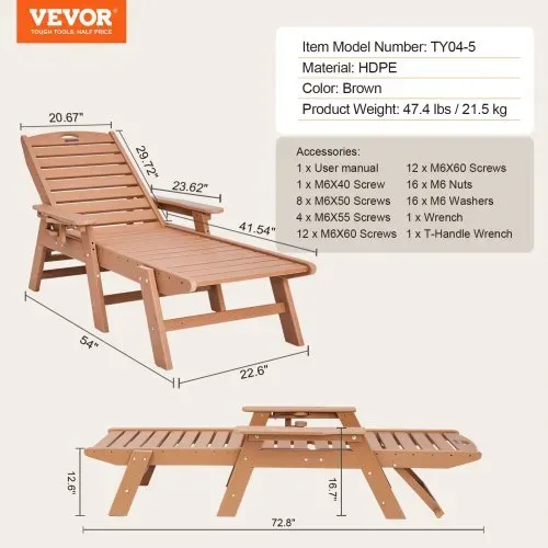 VEVOR Sonnenliege, 181kg Tragkraft, HDPE Gartenliege, Strandliege mit 6-fach verstellbarer Rückenlehne, Armlehne, Getränkehalter, Balkonliege, Terrassenliege für Pool, Terrasse, Patio, Rasen, Braun – Bild 6