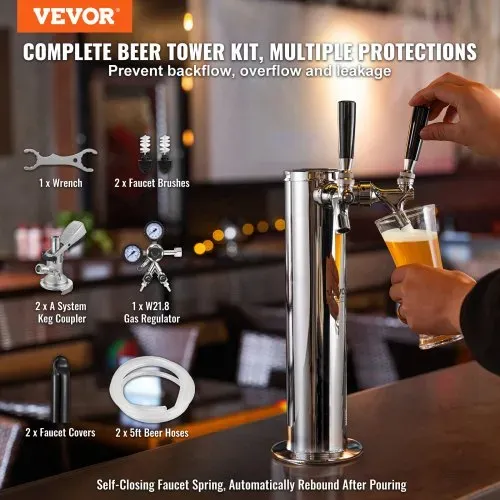 VEVOR Kegerator-Turm-Kit, Bier-Umrüstsatz mit zwei Zapfhähnen, Bier-Turmspender aus Edelstahl mit Doppelmessgerät W21.8-Regler und A-System-Fasskupplung, Bier-Tropfschale für Partys zu Hause VEVOR Kegerator-Turm-Kit, Bier-Umrüstsatz mit zwei Zapfhähnen, Bier-Turmspender aus Edelstahl mit Doppelmessgerät W21.8-Regler und A-System-Fasskupplung, Bier-Tropfschale für Partys zu Hause