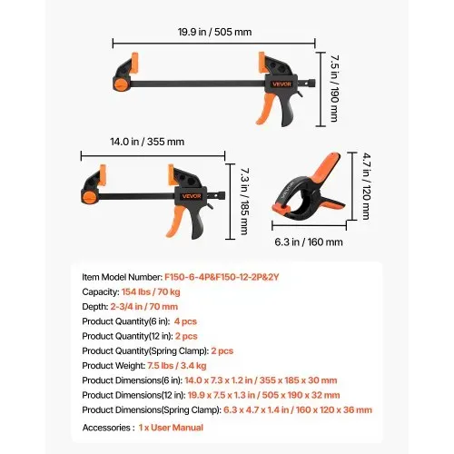 VEVOR Einhandzwinge, 8er-Pack, 15,24 & 30,48 cm Öffnung, mit Federzwingen, Schnellspannzwinge, 70 kg Klemmkraft, Schraubzwinge, Selbstverriegelndes Design, Klemmzwinge für Holz- & Metallbearbeitung – Bild 6