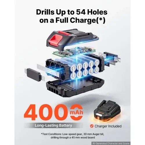 VEVOR Akku-Schlagbohrschrauber 20V 12,7 mm 26000 IPM 500 U/min/2.000 U/min, zum Bohren in Holz & Metall sowie zum Schrauben, 4000-mAh-Lithium-Ionen-Akku & Ladegerät, mit Ganzmetall-Bohrfutter, 90 Nm – Bild 2