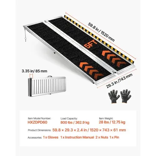 VEVOR Rollstuhlrampe Faltbar 1520x745mm, 362,9kg Belastbare Schwellenrampe mit Rutschfester Oberfläche, Tragbare Alu-Auffahrschiene, Auffahrrampe für Rollstuhl Scooter Türschwelle Bordsteine Treppen – Bild 6