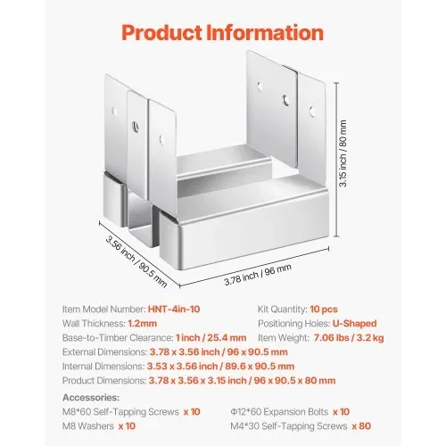 VEVOR Pfostenträger, 10 Stk., Innenmaß 89,6x90,5 mm für 88,9x88,9 mm Pfosten, Betonpfostenanker, Pfostensockel aus Kohlenstoffstahl mit 25,4 mm Abstandshöhe, für Betonpergolen & Terrassen – Bild 6