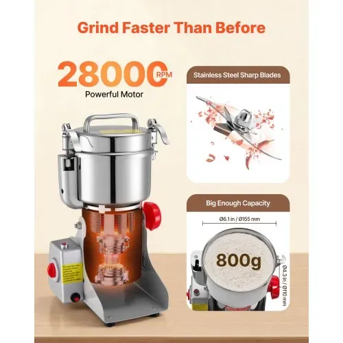 VEVOR Elektrische Getreidemühle 800 g, Getreidemühle 2100 W Edelstahl, Gewürzmühle für Trockenes Getreide Gewürze Müsli Kaffee Mais Pfeffer, Schwenktyp Pulverisiermaschine 220x190x375 mm – Bild 3