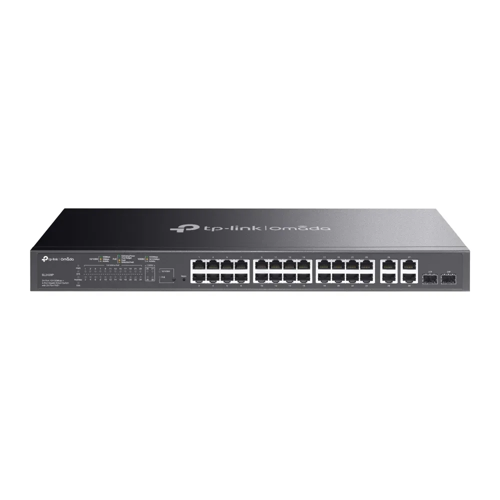 TP-Link Switch smart managed Layer2 24 Port • 4x 1 GbE • PoE Budget 250 Watt • 24x PoE at • Lüfterlos, Omada • SL2428P TP-Link Switch smart managed Layer2 24 Port • 4x 1 GbE • PoE Budget 250 Watt • 24x PoE at • Lüfterlos, Omada • SL2428P