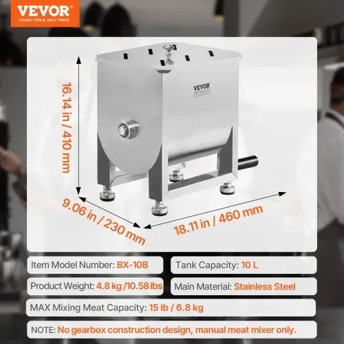 VEVOR manueller Gastro Fleischmischer 10 L Fleischverarbeitungsgerät (maximales Mischen von 6,8 kg Fleisch), Fleischmischer aus Edelstahl, Wurstmischer mit Deckel und Griff, Handmixer für Hackfleisch – Bild 6