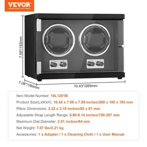 VEVOR Uhrenbeweger, Automatik-Uhrenbeweger, Watch Winder, Uhrenbeweger für Automatikuhren, Automatischer Uhrenbeweger mit Platz für 2 Uhren, LED Beleuchtung, 150–207 mm Einstellbare Riemenlänge – Bild 6