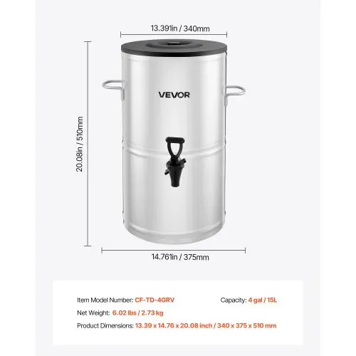 VEVOR Eisteespender Getränkespender aus 304 Edelstahl 15 L Getränkedispenser mit Zapfhahn & Griff, geeignet für heiße und kalte Getränke, für Eistee, Kaffee, Wasser in Cafés und Restaurants – Bild 6