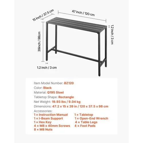 VEVOR Bartisch, 1200 x 375 x 980 mm, Bistrotisch, Stehtisch mit Metallgestell, rechteckige Esstische, Küchentisch, Tresentisch, Partytisch, Gartenmöbel für Balkon, Garten, Poolrand – Bild 6